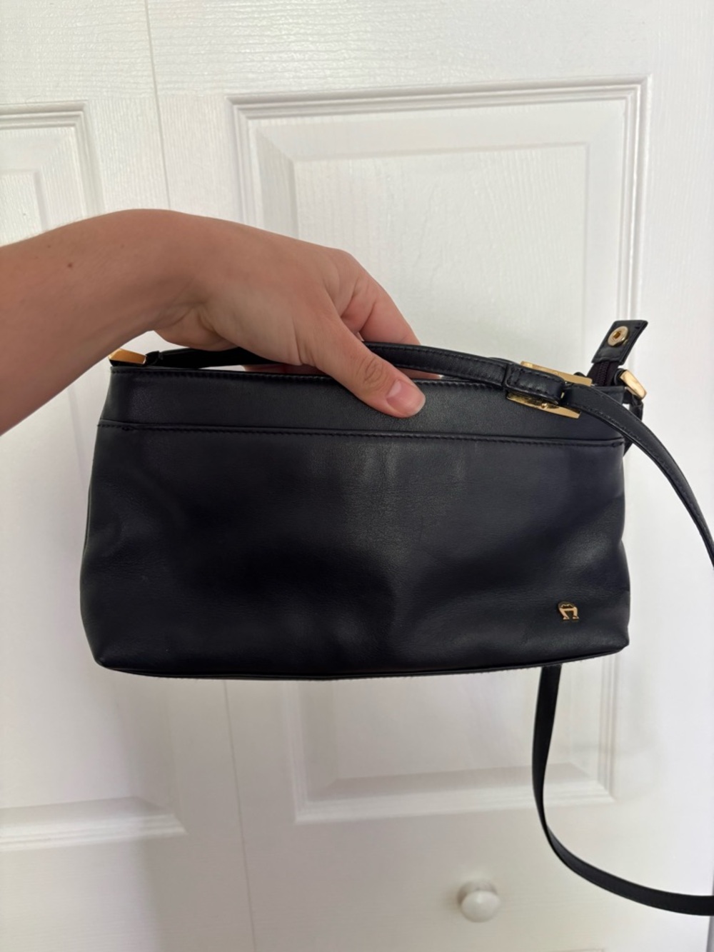 Etienne Aigner Black Leather Crossbody with Gold Accents